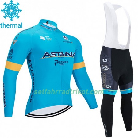 Radbekleidung Radtrikot Langarm + Lang Trägerhose 2020 Astana Pro Team Winter Thermal Fleece N001